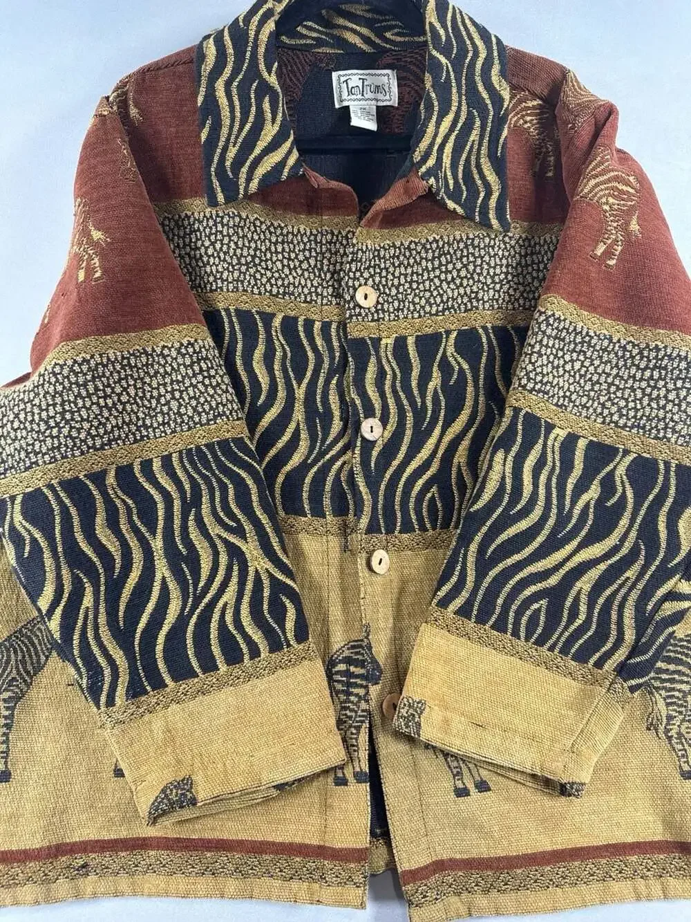 Vintage TanTrums Zebra Safari Jacket Brocade Tribal Boho Boxy Women's 2X